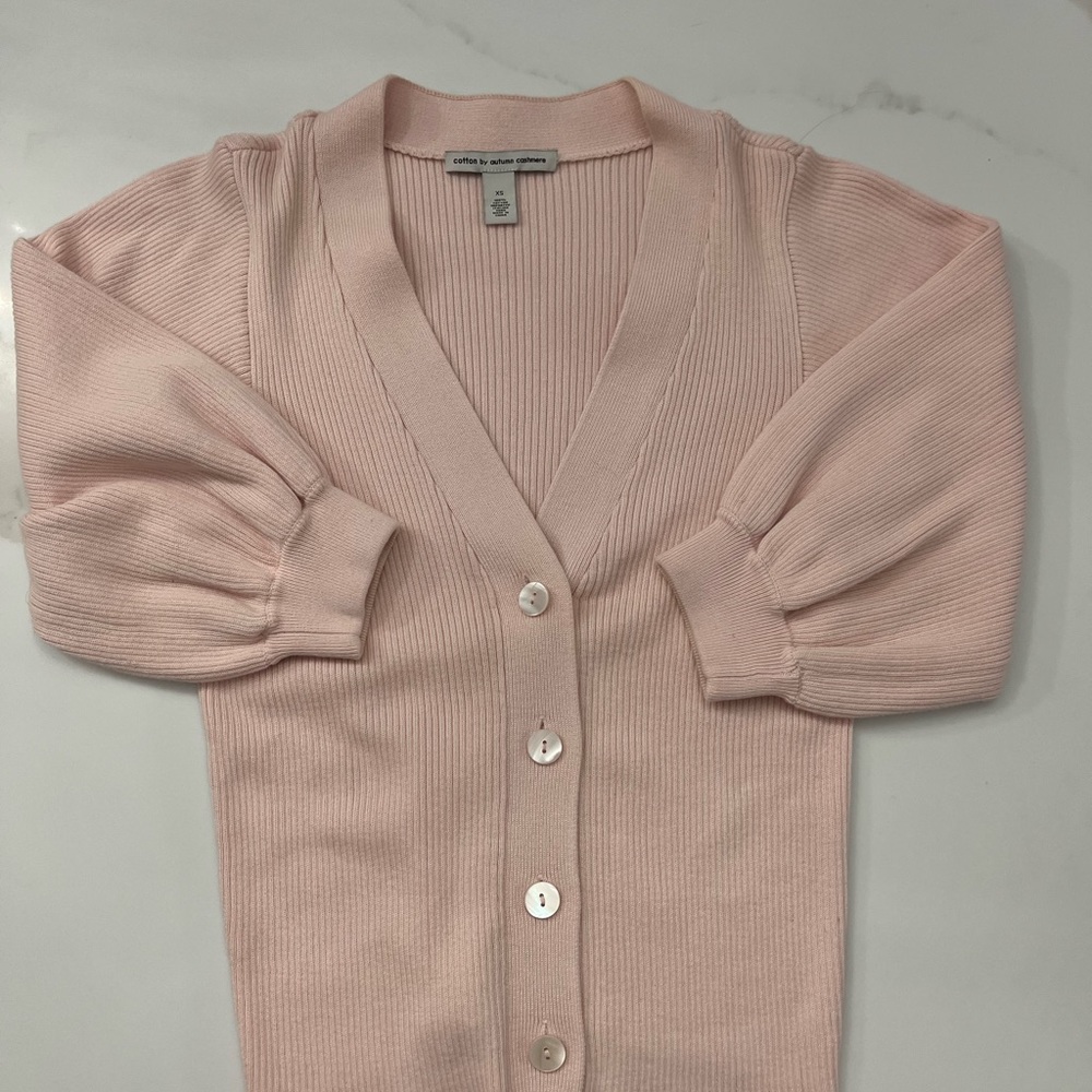 XS pink cotton cardigan by Cotton by Autumn Cashmere, puffed 3/4 length sleeves